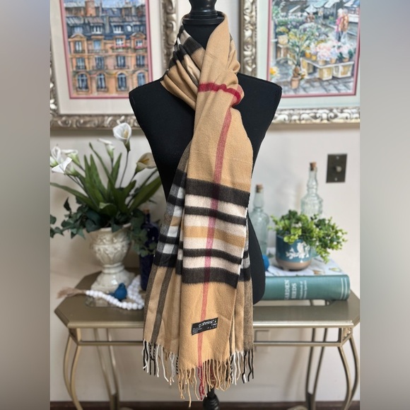 CASHMINK BY V.FRASS TAN & RED LARGE PLAID SCARF WRAP WITH FRINGE MADE IN GERMANY - Picture 2 of 5